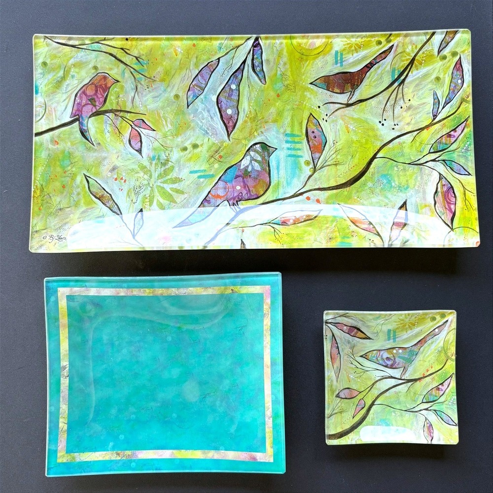 Bj Lantz for Ganz Art Glass Tray Set 3pc Bird Botanical Green Teal
